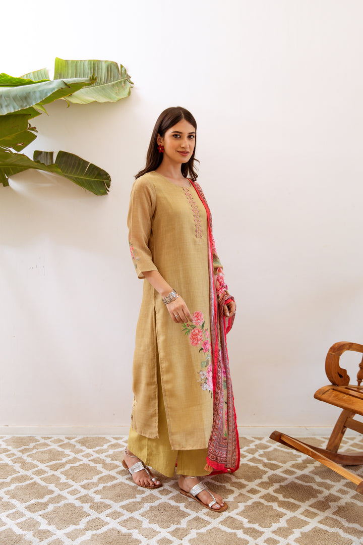 Women's Green Linen Kurta, Palazzo & Dupatta Set