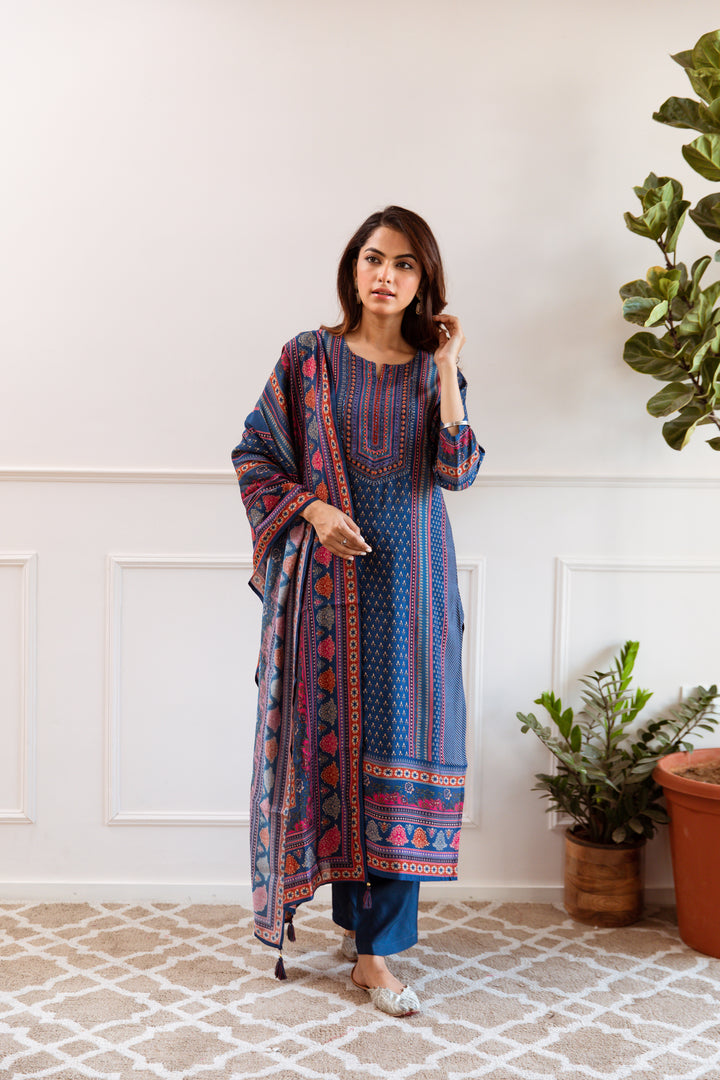 Women's Blue Maslin Kurta, Pant & Dupatta Set