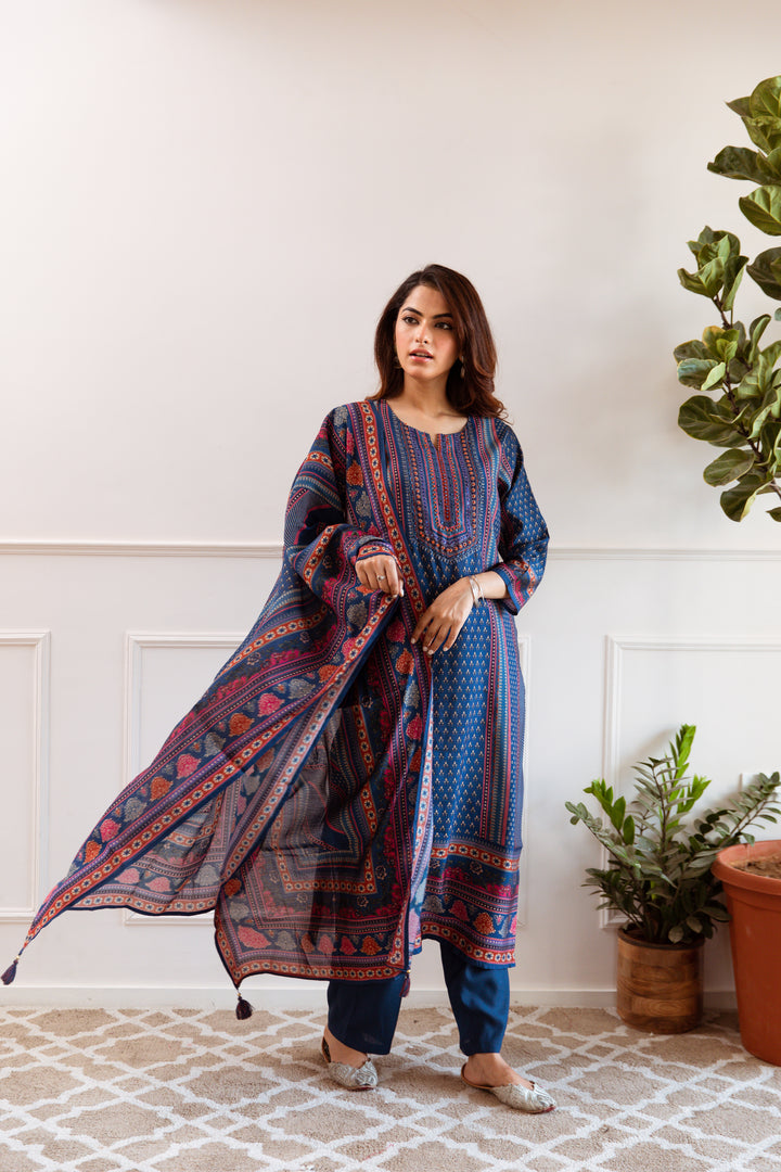 Women's Blue Maslin Kurta, Pant & Dupatta Set