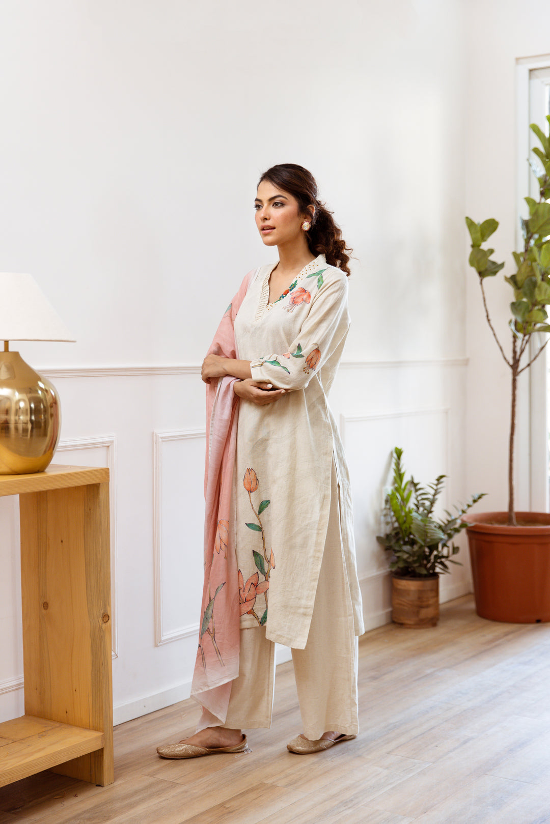 Women's Beige Linen Kurta, Palazzo & Dupatta Set