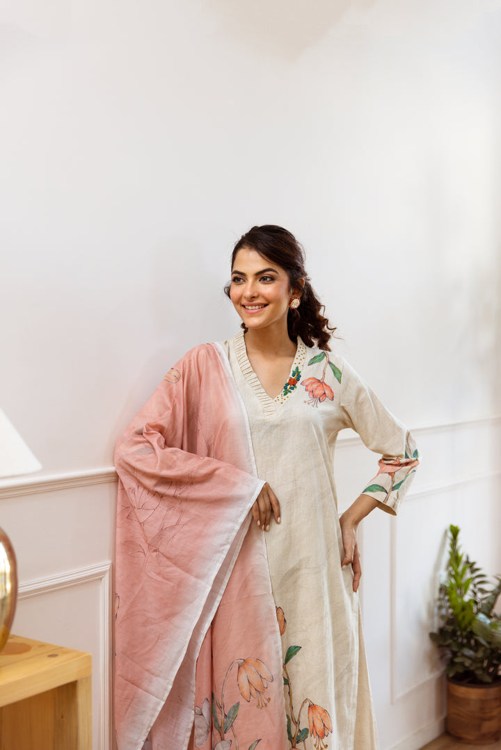 Women's Beige Linen Kurta, Palazzo & Dupatta Set