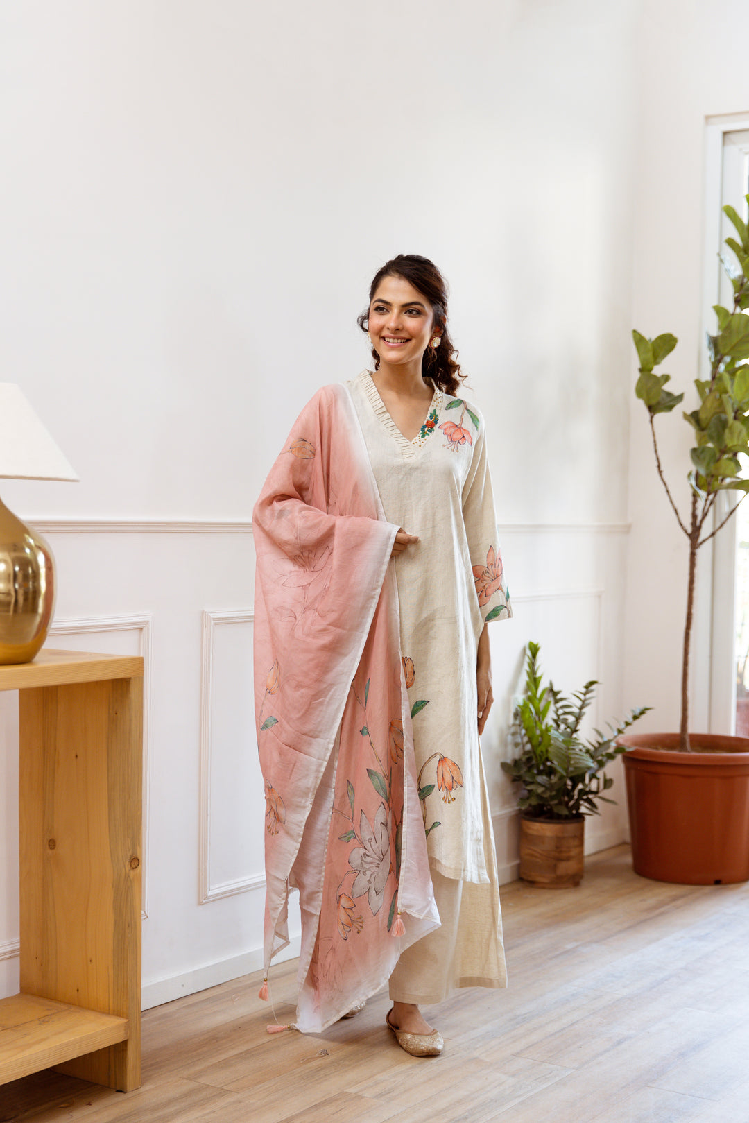 Women's Beige Linen Kurta, Palazzo & Dupatta Set