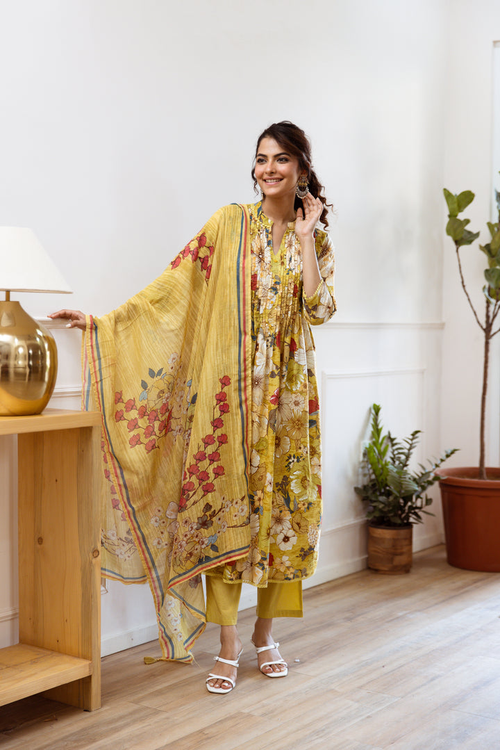 Women's Yellow Cotton Kurta, Pant & Dupatta Set