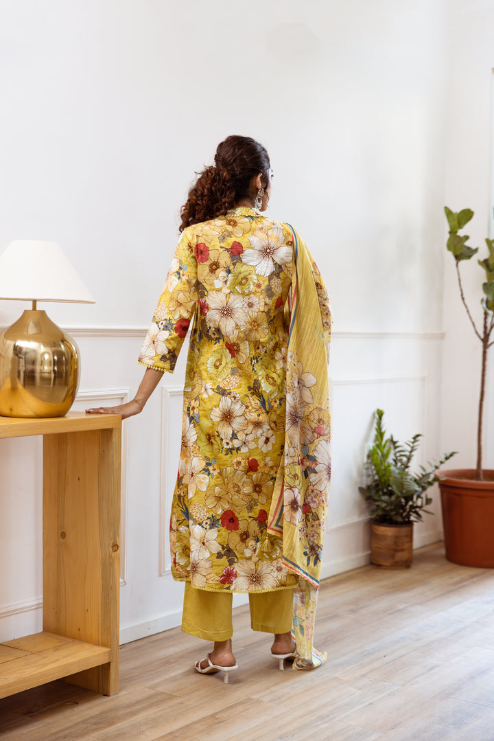 Women's Yellow Cotton Kurta, Pant & Dupatta Set