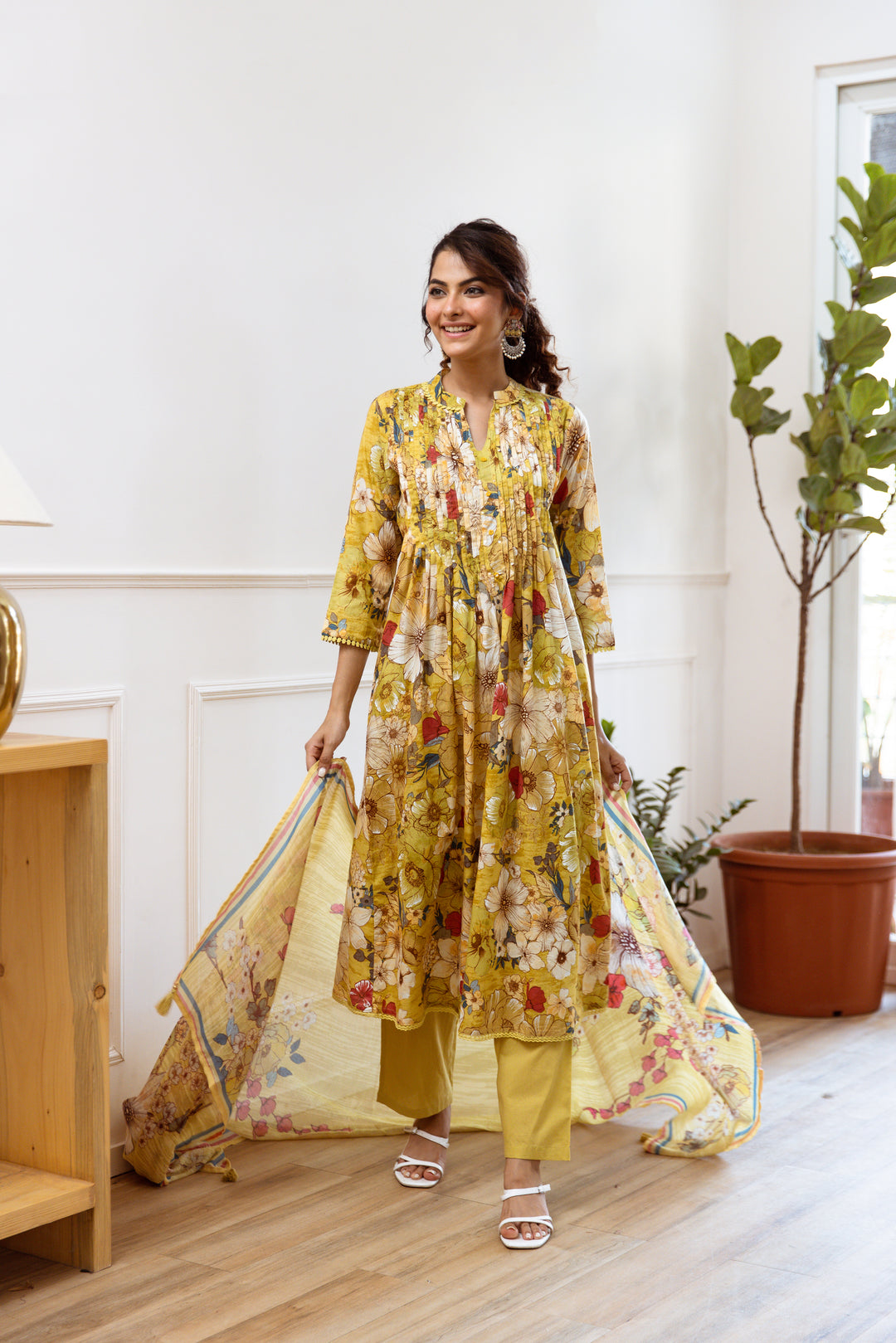 Women's Yellow Cotton Kurta, Pant & Dupatta Set