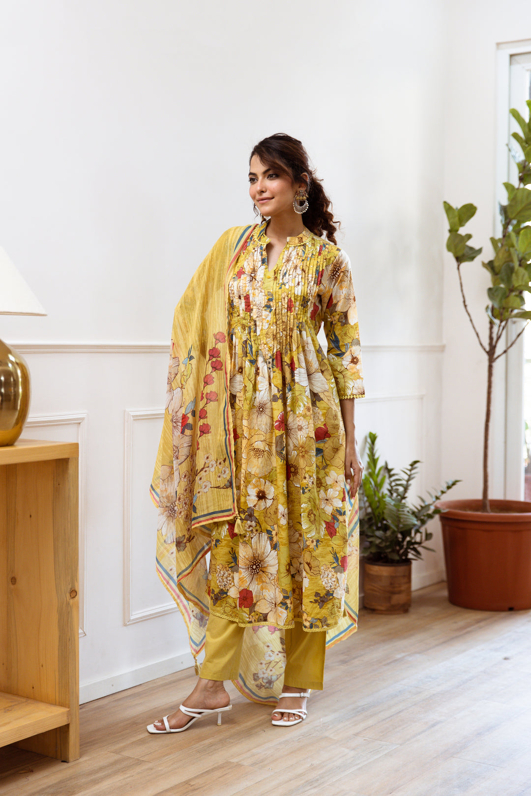 Women's Yellow Cotton Kurta, Pant & Dupatta Set