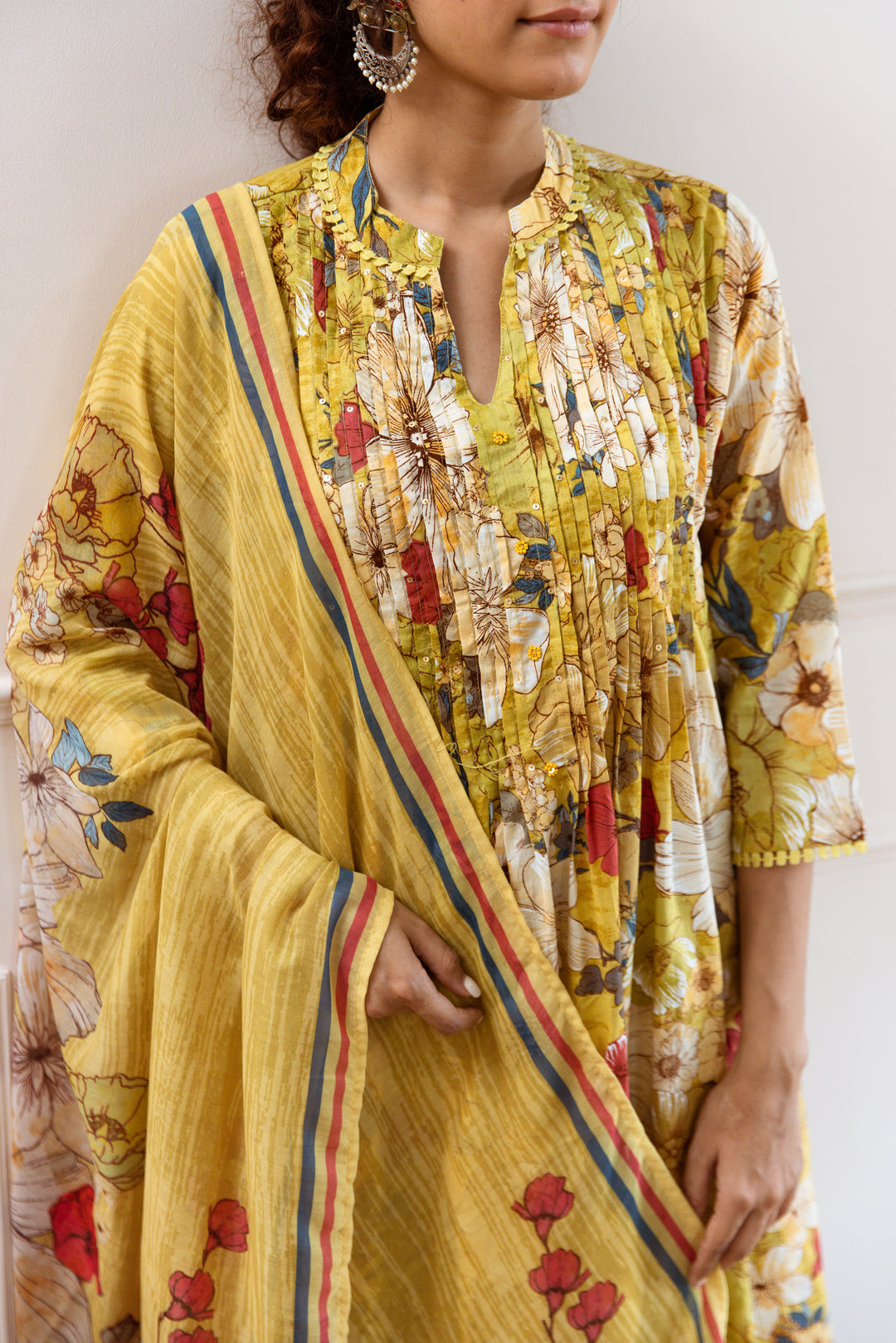 Women's Yellow Cotton Kurta, Pant & Dupatta Set