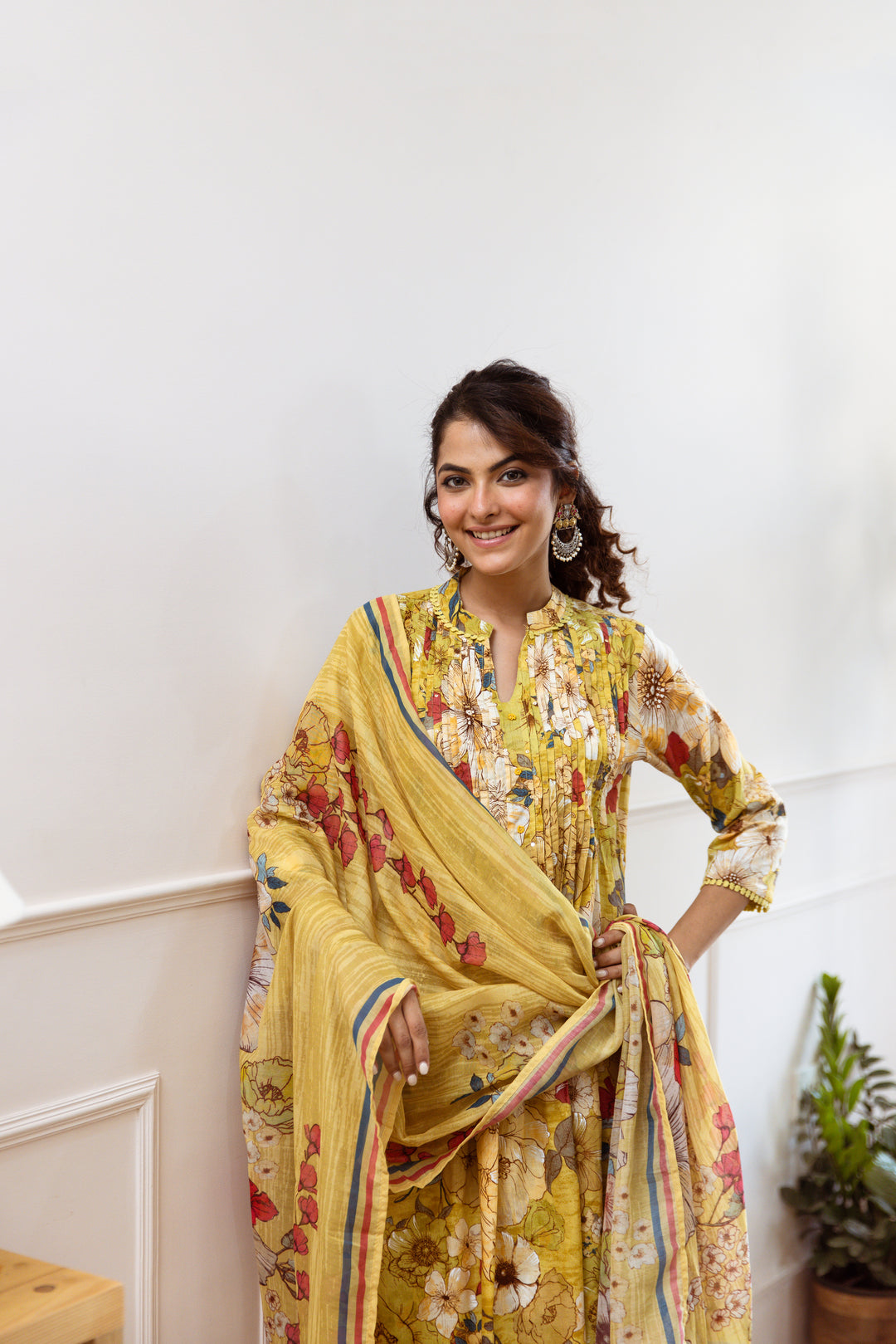 Women's Yellow Cotton Kurta, Pant & Dupatta Set