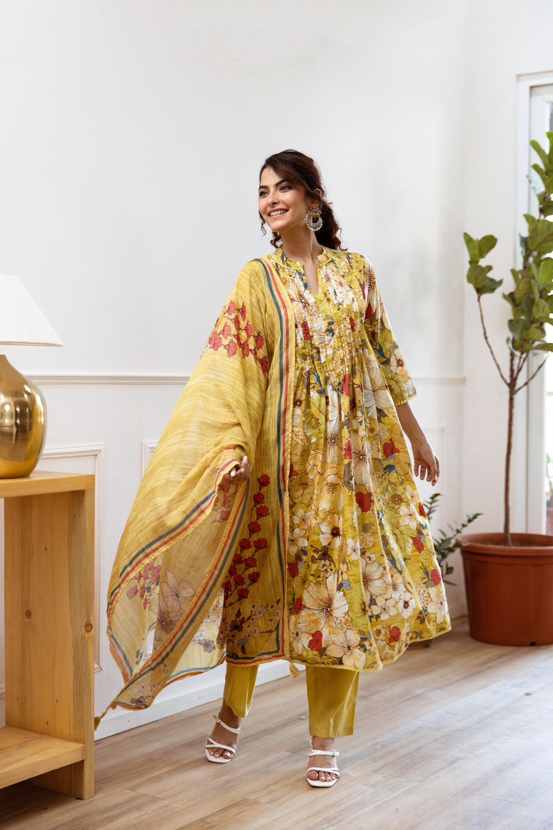 Women's Yellow Cotton Kurta, Pant & Dupatta Set