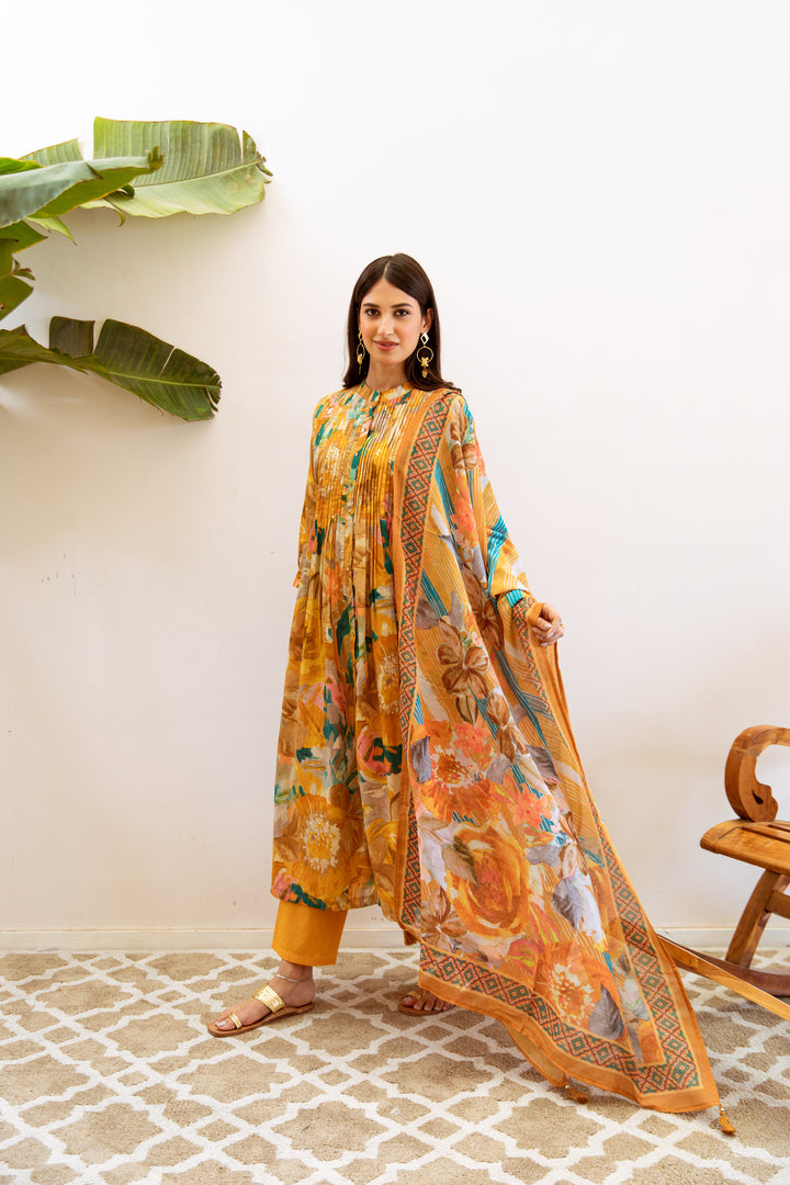 Women's Mustard Cotton Kurta, Pant & Dupatta Set