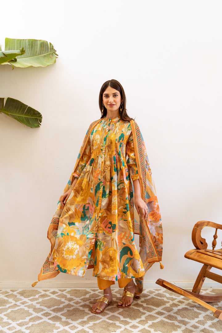 Women's Mustard Cotton Kurta, Pant & Dupatta Set