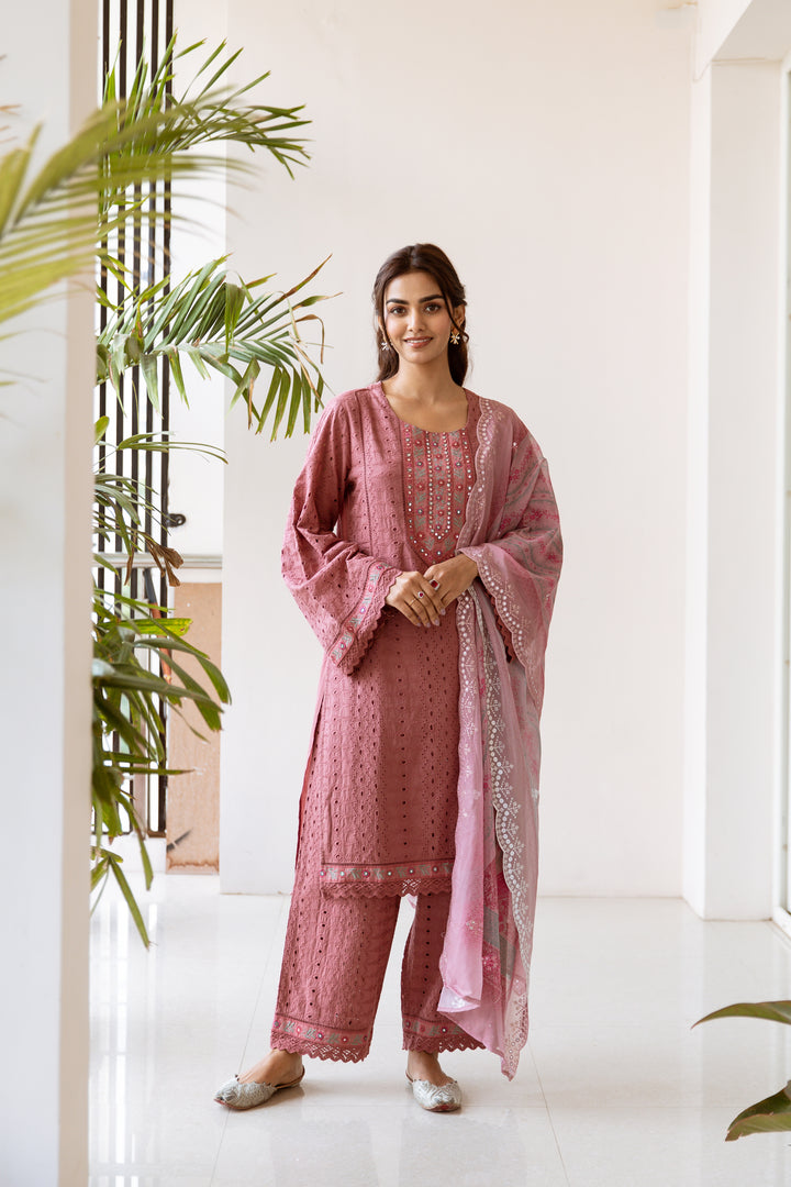 Women's Pink Cotton Kurta, Palazzo & Dupatta Set