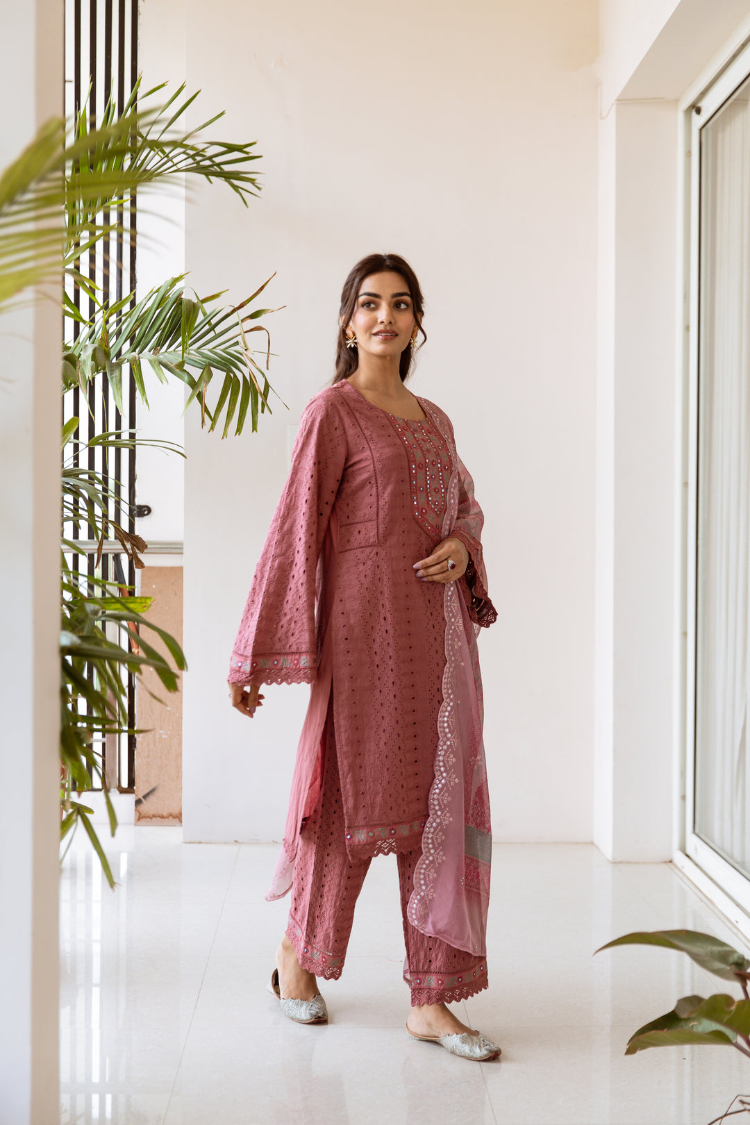 Women's Pink Cotton Kurta, Palazzo & Dupatta Set