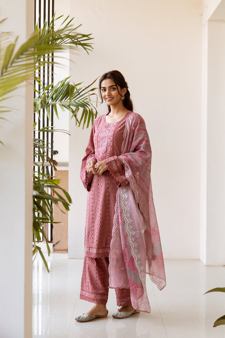 Women's Pink Cotton Kurta, Palazzo & Dupatta Set