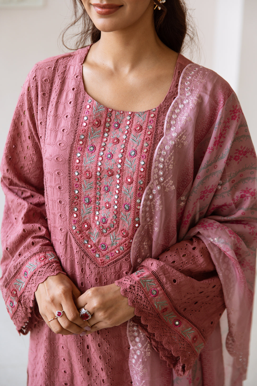 Women's Pink Cotton Kurta, Palazzo & Dupatta Set