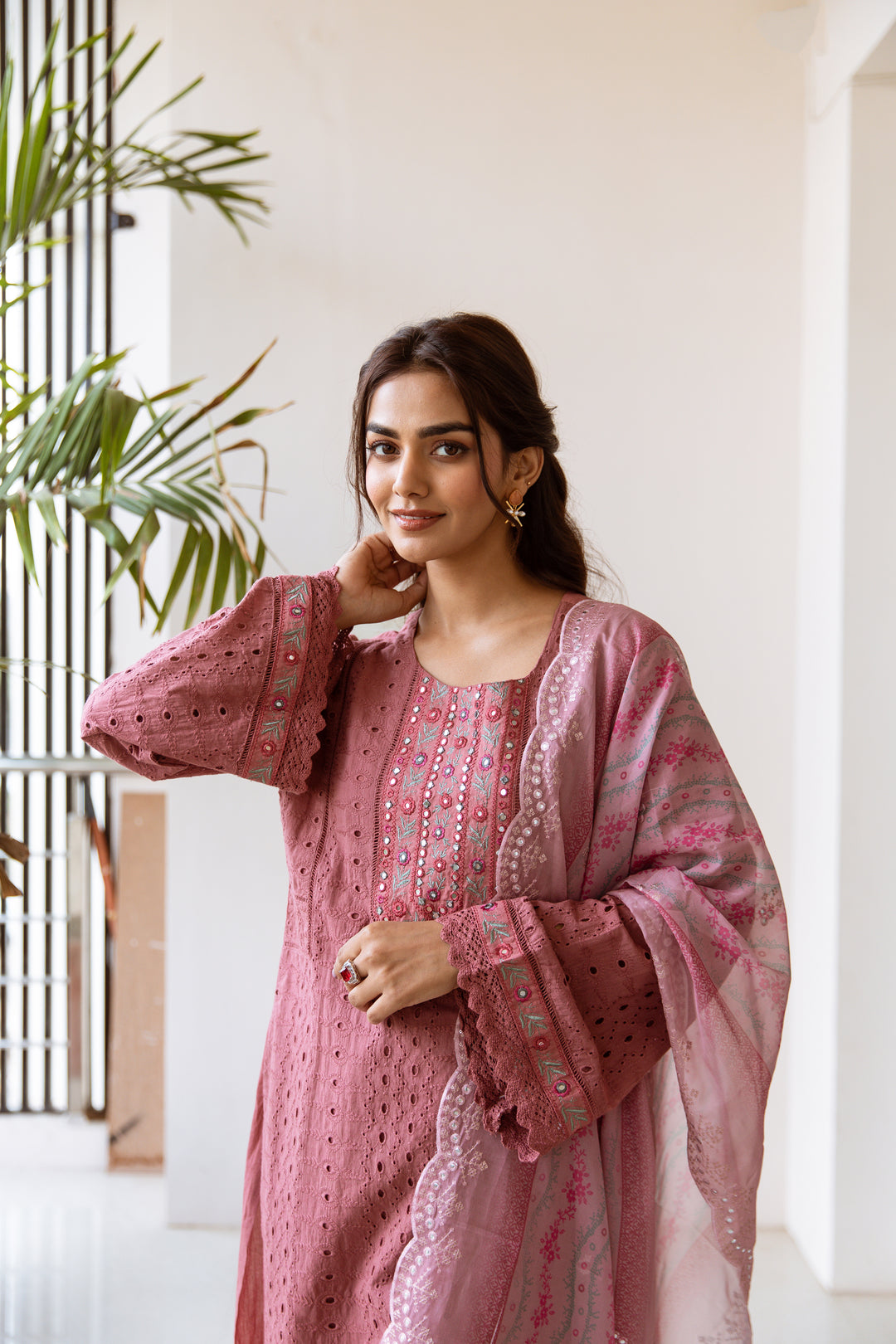 Women's Pink Cotton Kurta, Palazzo & Dupatta Set