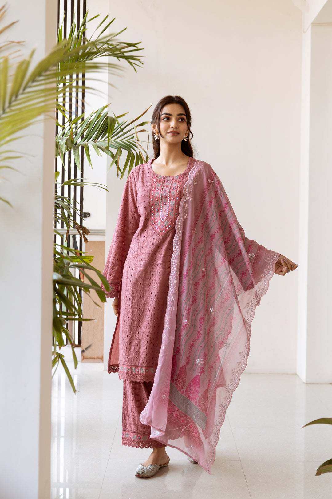 Women's Pink Cotton Kurta, Palazzo & Dupatta Set