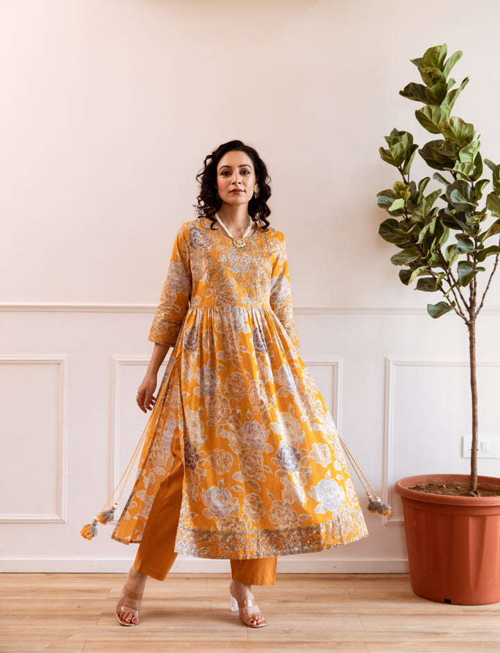 Women's Mustard Cotton Kurta, Pant & Dupatta Set