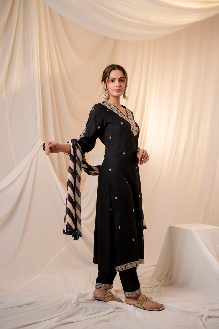 Women's Black Rayon Kurta, Pant & Dupatta Set