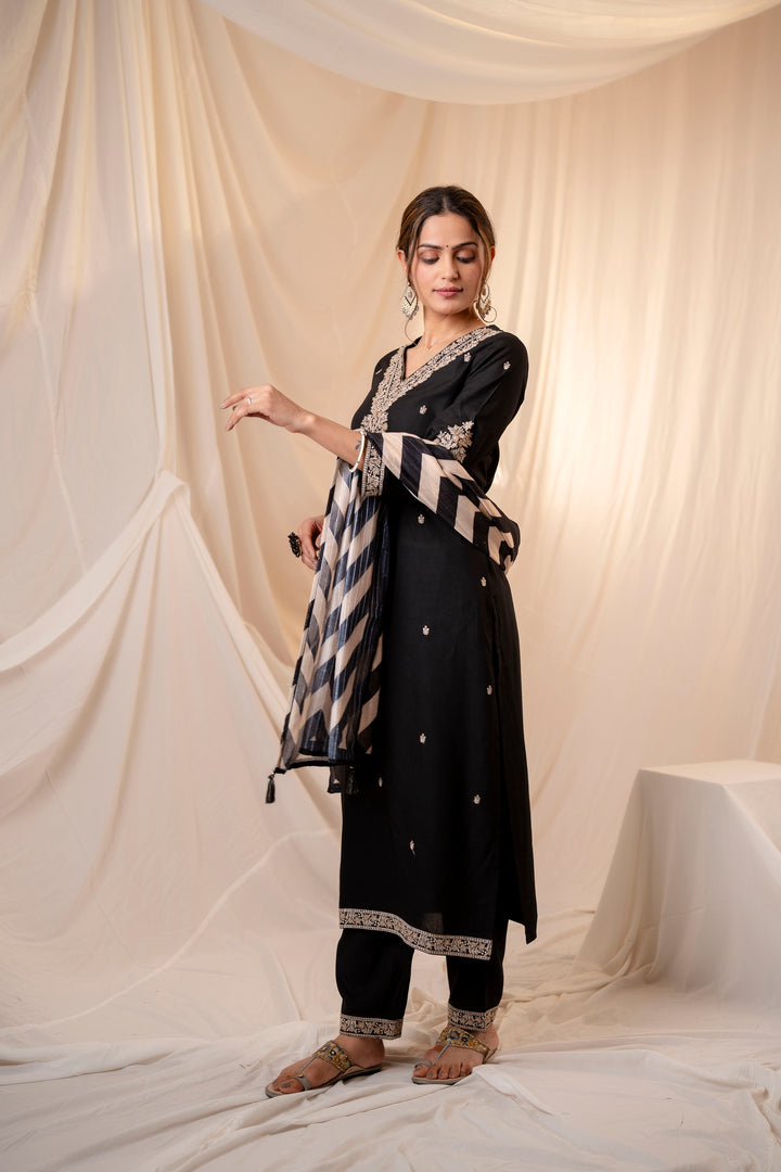 Women's Black Rayon Kurta, Pant & Dupatta Set