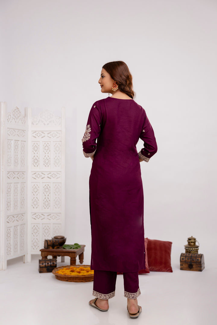 Women's Wine Rayon Kurta, Pant & Dupatta Set