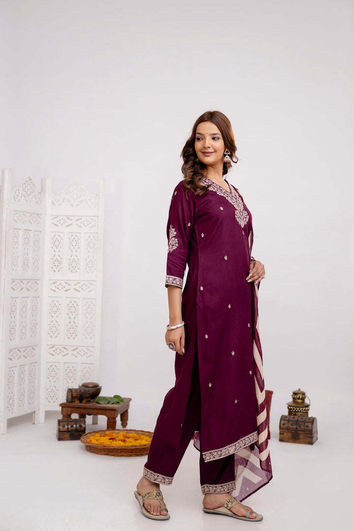 Women's Wine Rayon Kurta, Pant & Dupatta Set