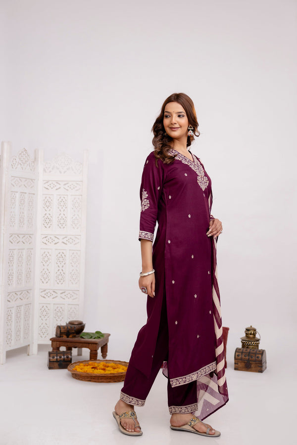 Women's Wine Rayon Kurta, Pant & Dupatta Set