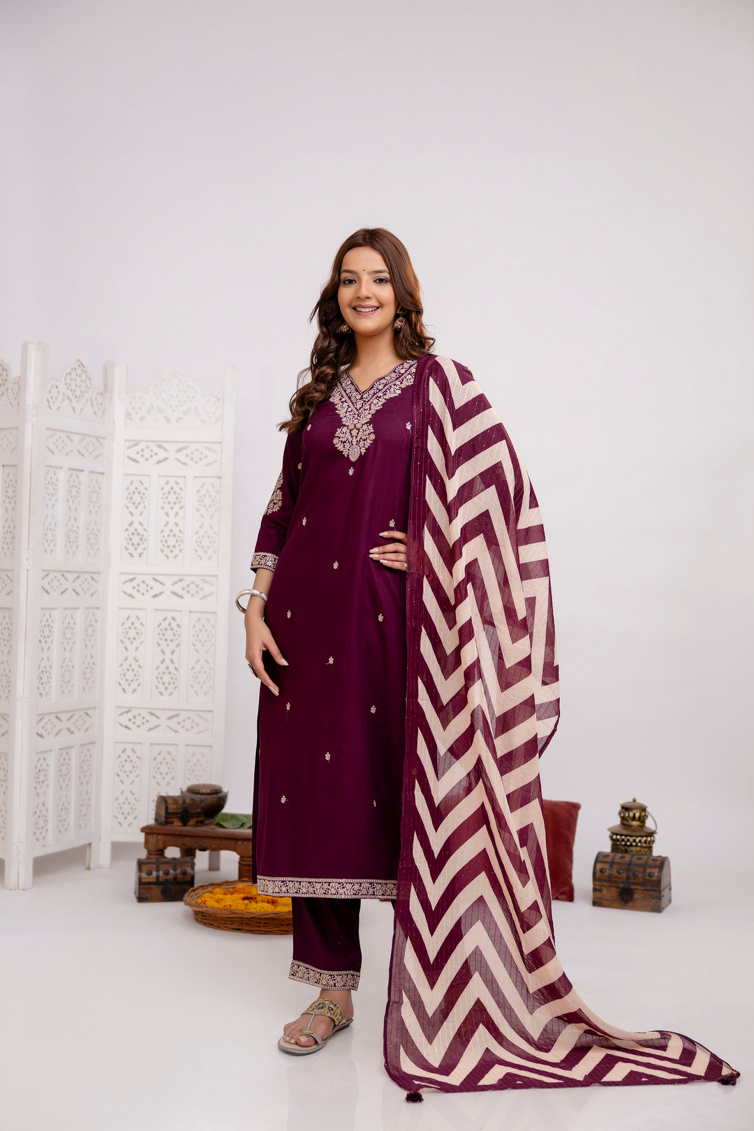 Women's Wine Rayon Kurta, Pant & Dupatta Set