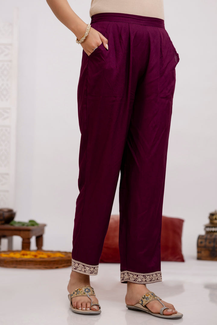 Women's Wine Rayon Kurta, Pant & Dupatta Set