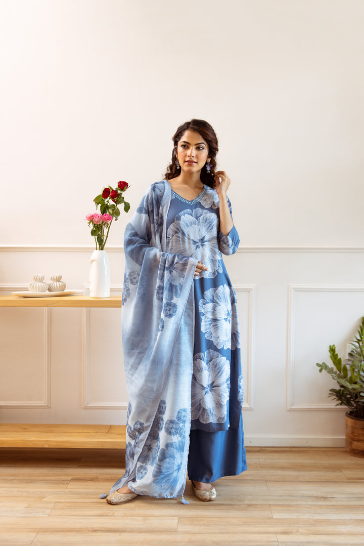 Women's Air Force Blue Rayon Kurta, Palazzo & Dupatta Set