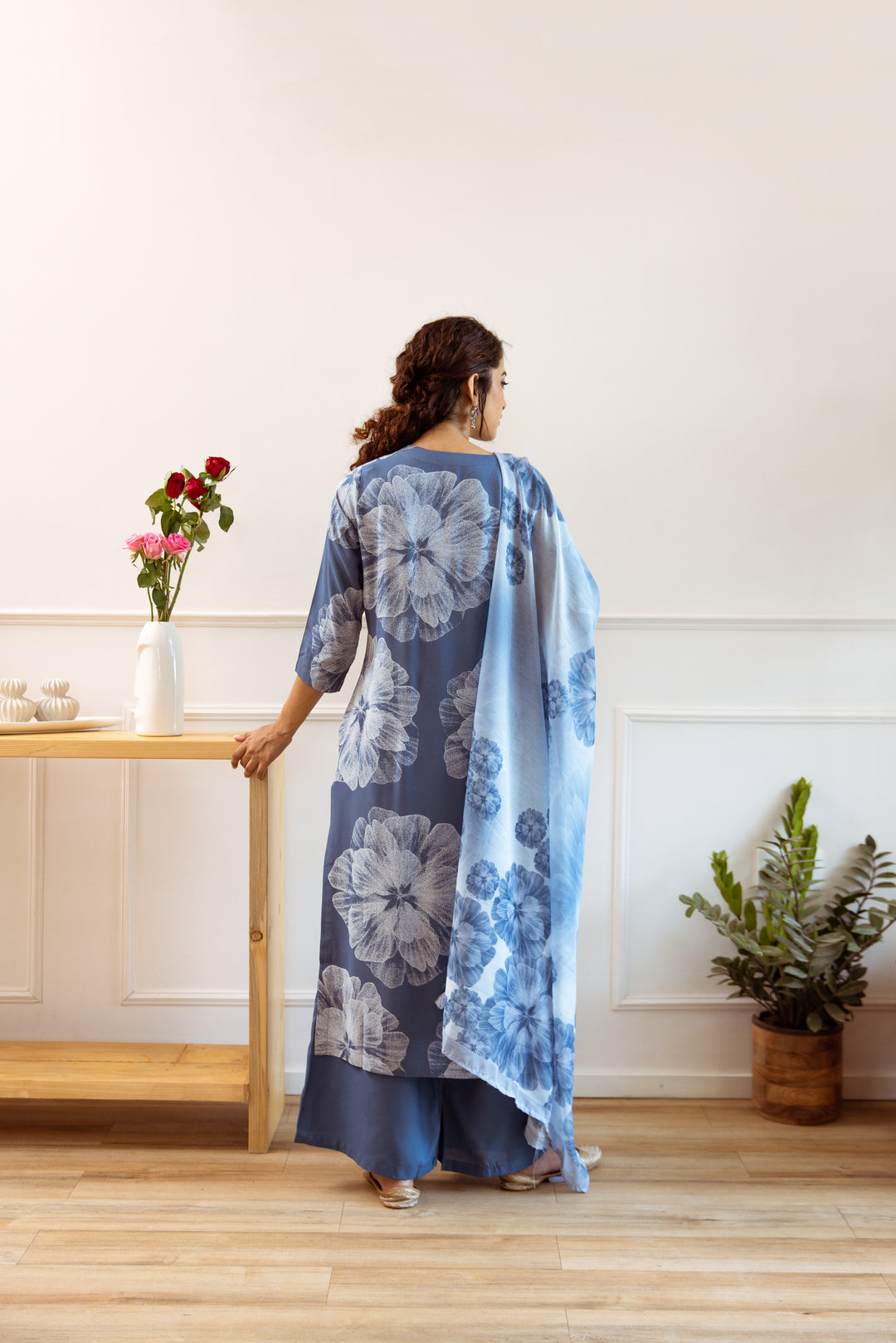 Women's Air Force Blue Rayon Kurta, Palazzo & Dupatta Set