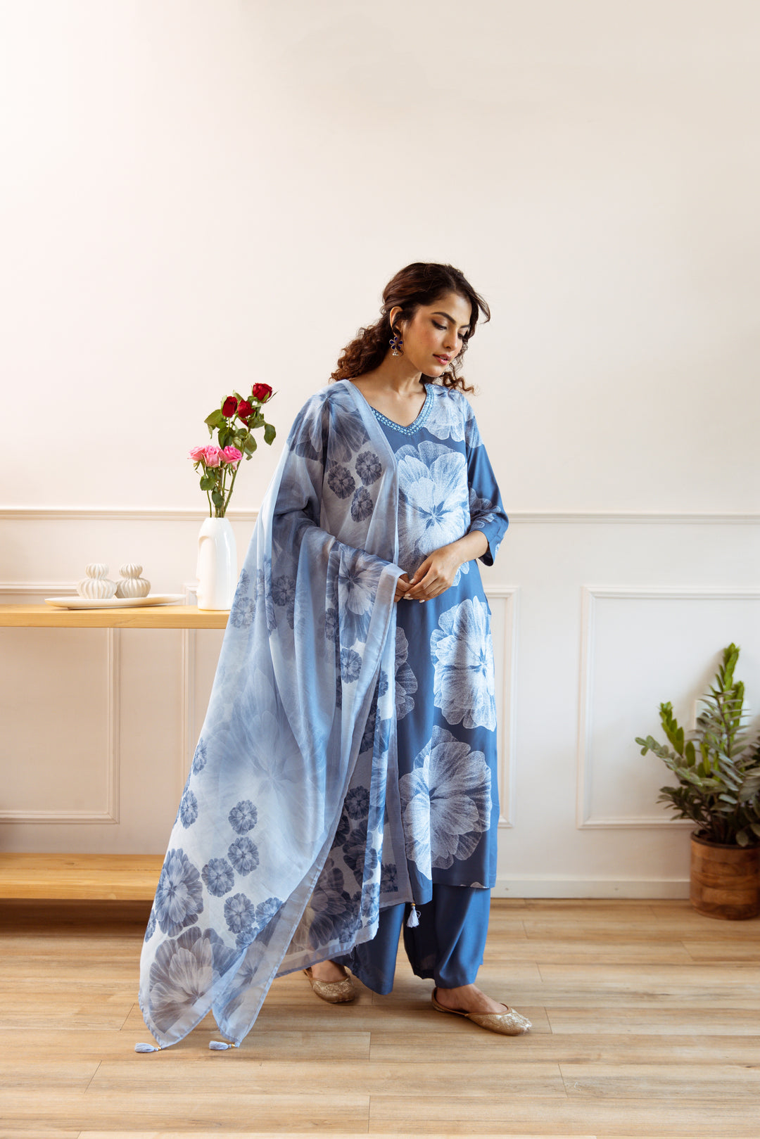 Women's Air Force Blue Rayon Kurta, Palazzo & Dupatta Set