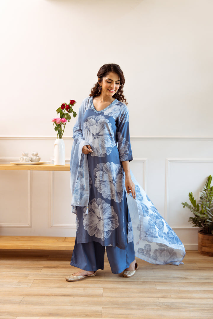 Women's Air Force Blue Rayon Kurta, Palazzo & Dupatta Set