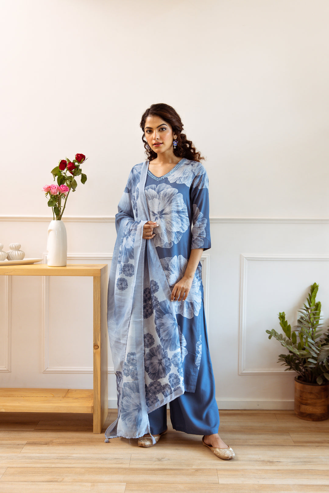 Women's Air Force Blue Rayon Kurta, Palazzo & Dupatta Set