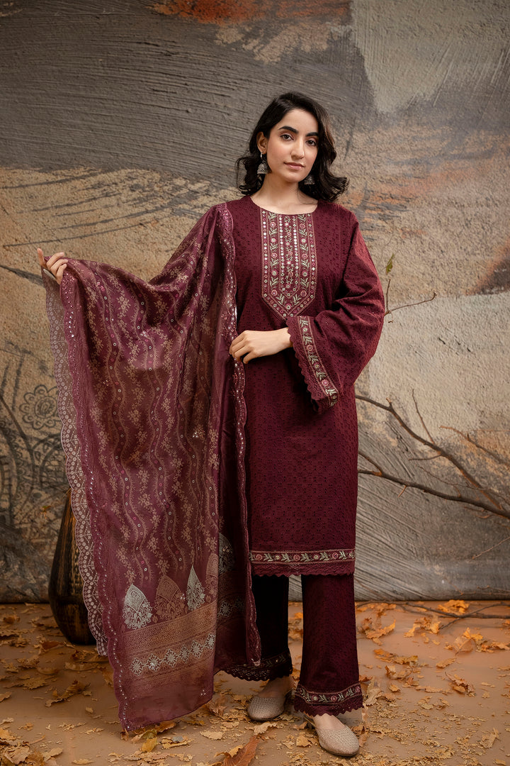 Women's Maroon Cotton Kurta, Palazzo & Dupatta Set