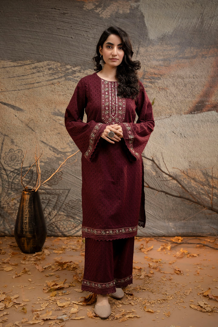 Women's Maroon Cotton Kurta, Palazzo & Dupatta Set