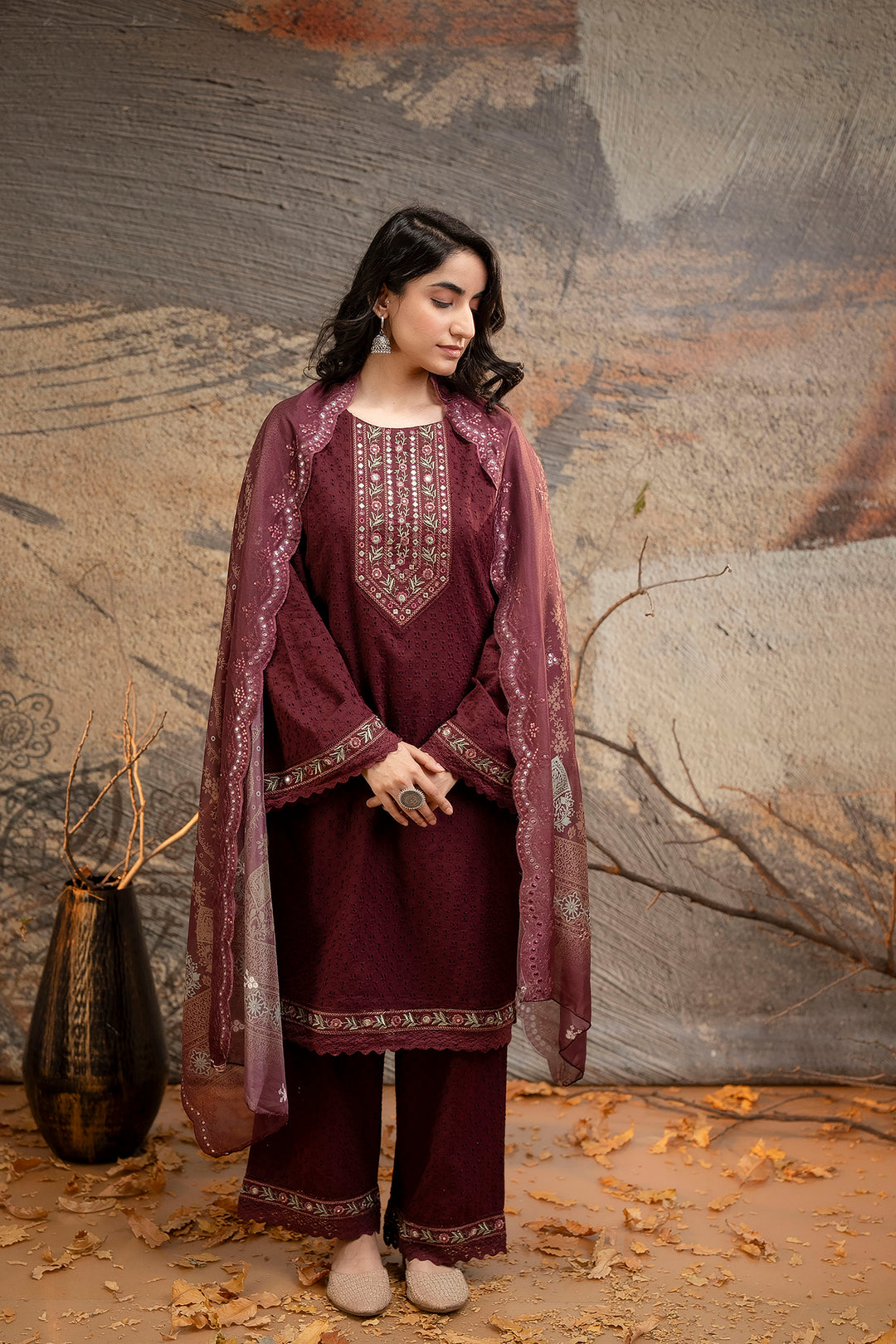 Women's Maroon Cotton Kurta, Palazzo & Dupatta Set