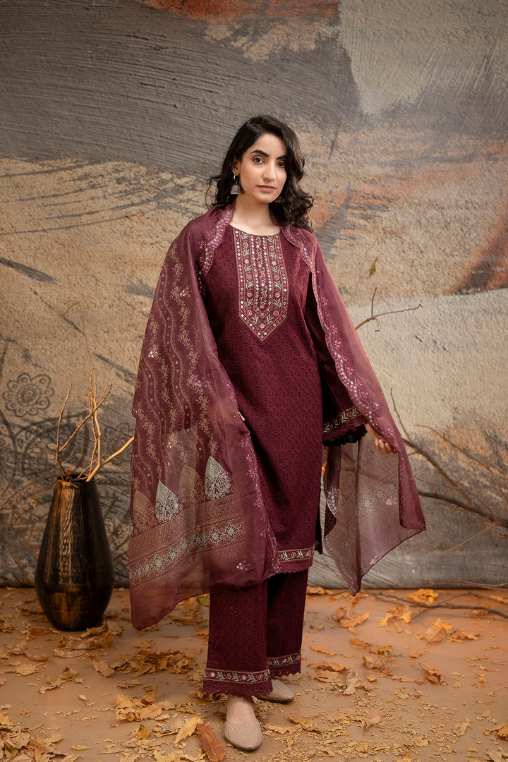 Women's Maroon Cotton Kurta, Palazzo & Dupatta Set