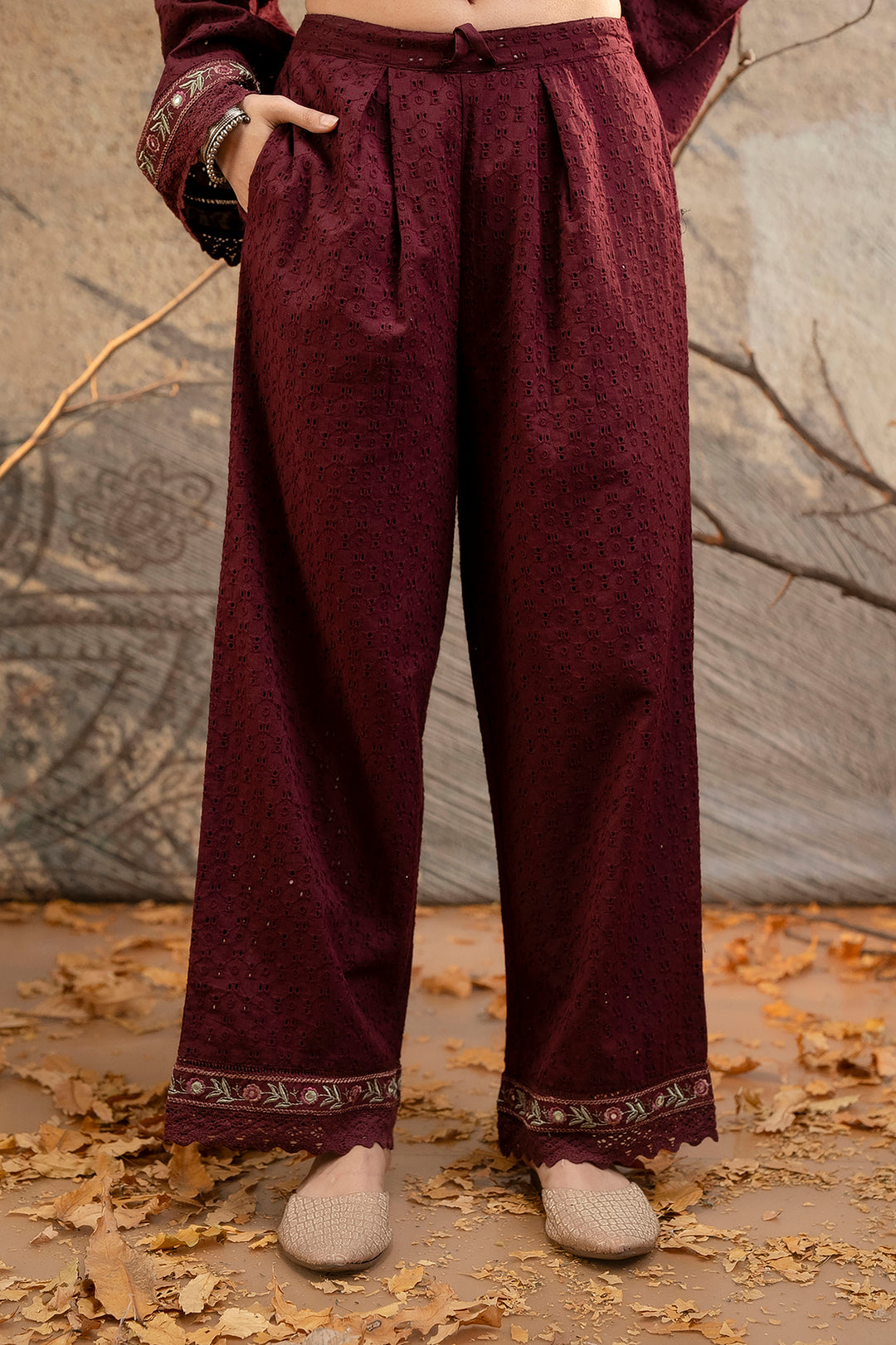 Women's Maroon Cotton Kurta, Palazzo & Dupatta Set