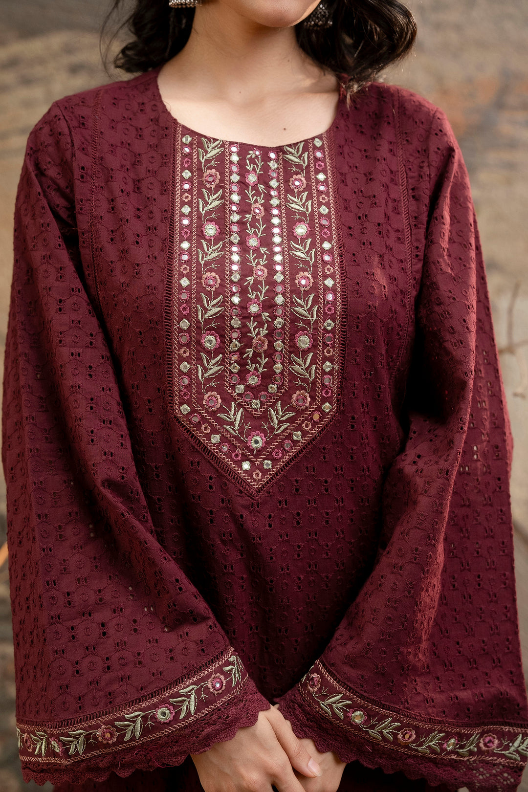 Women's Maroon Cotton Kurta, Palazzo & Dupatta Set