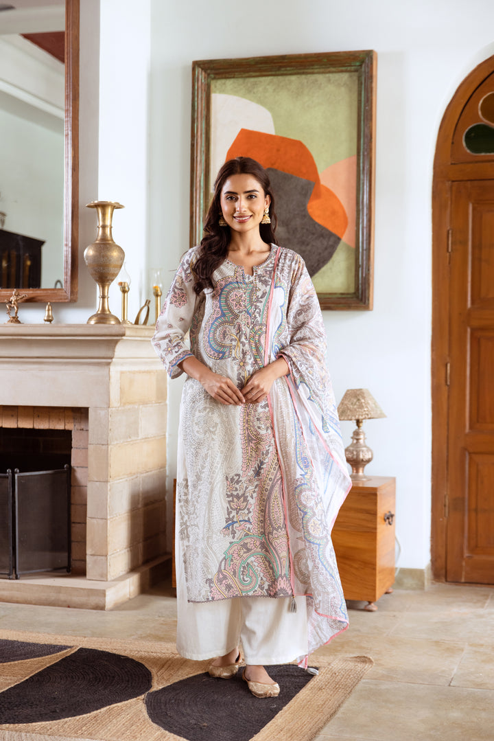 Women's Off White Cotton Kurta, Palazzo & Dupatta Set