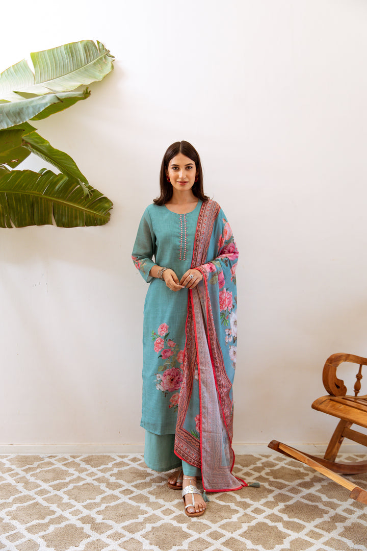 Women's Green Linen Kurta Palazzo and Dupatta Set