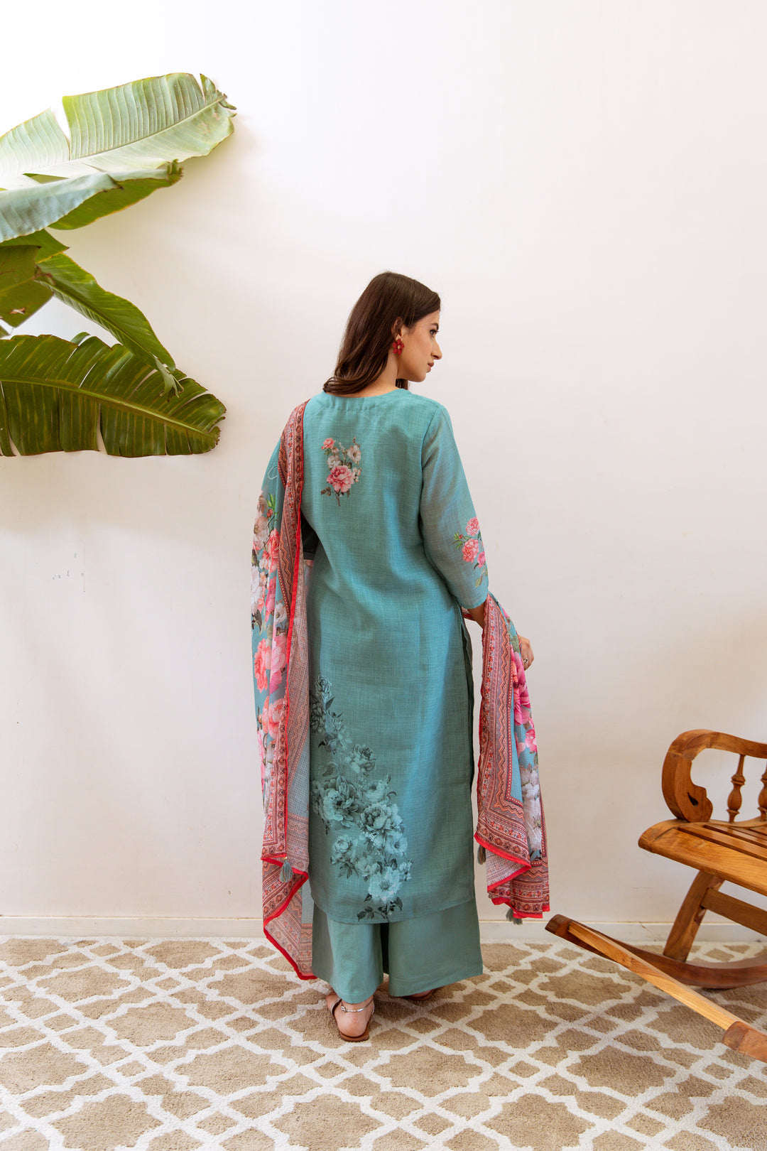 Women's Green Linen Kurta Palazzo and Dupatta Set