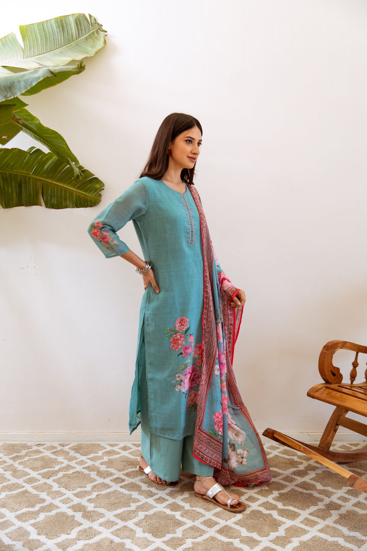 Women's Green Linen Kurta Palazzo and Dupatta Set