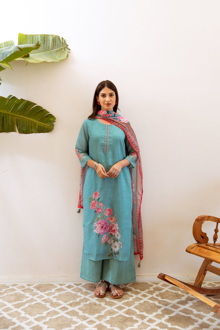 Women's Green Linen Kurta Palazzo and Dupatta Set