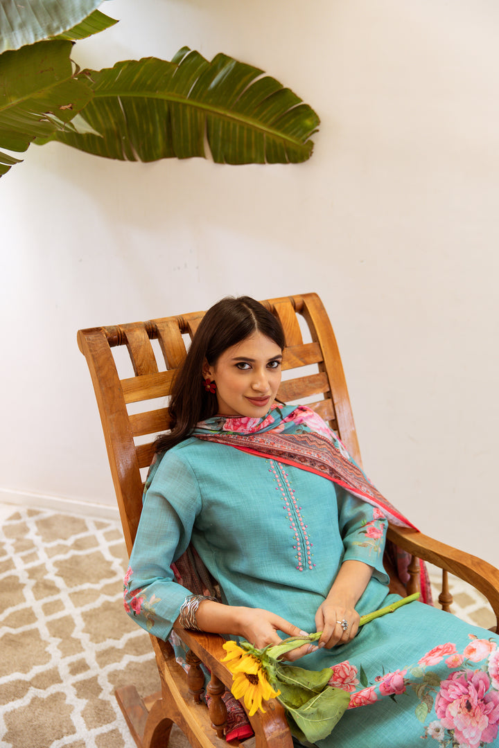 Women's Green Linen Kurta Palazzo and Dupatta Set