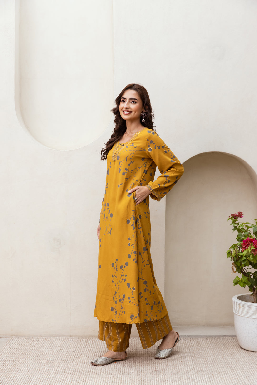 Women's Mustard German Rayon Kurta Palazzo Set