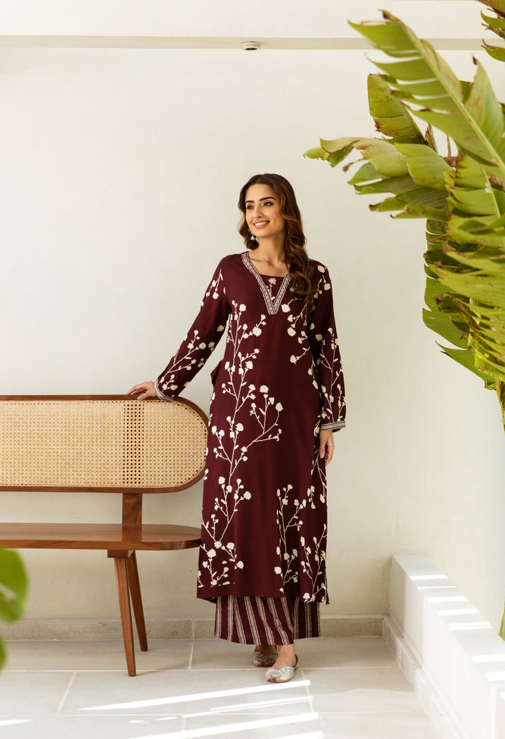 Women's Maroon German rayon Kurta Palazzo Set