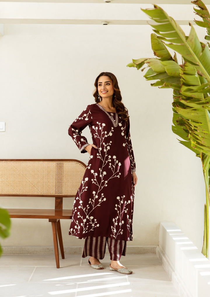 Women's Maroon German rayon Kurta Palazzo Set