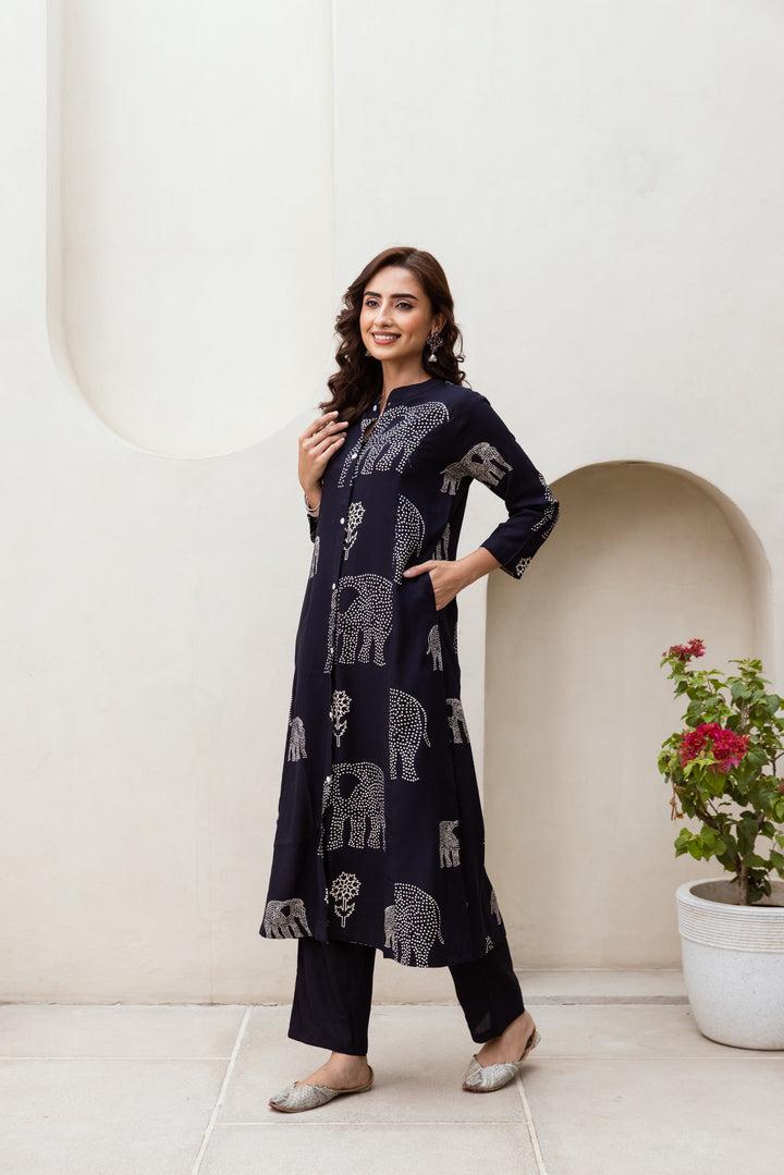 Women's Navy Blue German rayon Kurta Pant Set